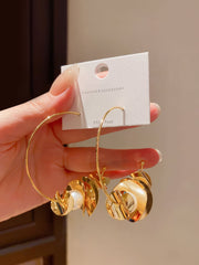 Chic Gold Tone Hoop Earrings with Faux Pearls and Abstract Metal Flowers