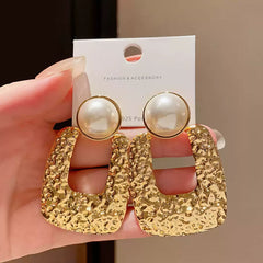 Chic Silver Tone Drop Earrings with Textured Square and Faux Pearl Detail
