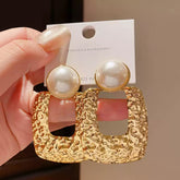 Chic Silver Tone Drop Earrings with Textured Square and Faux Pearl Detail