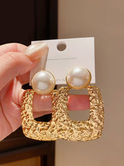 Chic Silver Tone Drop Earrings with Textured Square and Faux Pearl Detail
