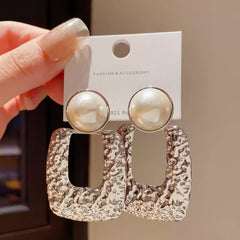 Chic Silver Tone Drop Earrings with Textured Square and Faux Pearl Detail