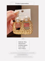 Chic Silver Tone Drop Earrings with Textured Square and Faux Pearl Detail