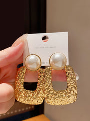 Chic Silver Tone Drop Earrings with Textured Square and Faux Pearl Detail
