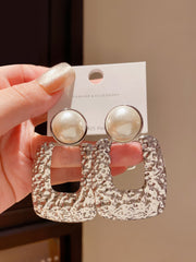 Chic Silver Tone Drop Earrings with Textured Square and Faux Pearl Detail