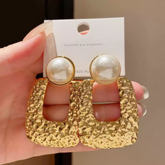 Chic Silver Tone Drop Earrings with Textured Square and Faux Pearl Detail