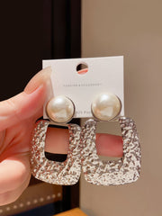 Chic Silver Tone Drop Earrings with Textured Square and Faux Pearl Detail