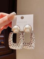 Chic Silver Tone Drop Earrings with Textured Square and Faux Pearl Detail