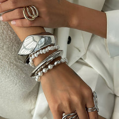 Chunky Geometric and Smooth Gold Tone Hinge Bangles