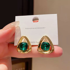 Contemporary Gold Tone Teardrop Stud Earrings with Faceted Emerald Green Cubic Zirconia