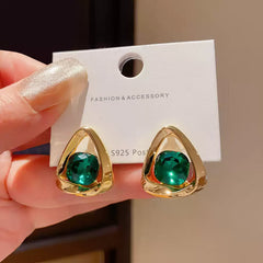 Contemporary Gold Tone Teardrop Stud Earrings with Faceted Emerald Green Cubic Zirconia