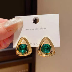 Contemporary Gold Tone Teardrop Stud Earrings with Faceted Emerald Green Cubic Zirconia
