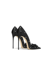 Crystal Embellished Pointed-Toe Stiletto Pumps with Bow Accent