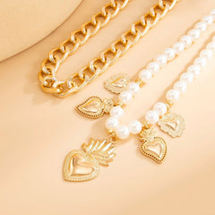 Cuban Chain and Sacred Heart Faux Pearl Anklet Set