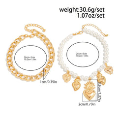 Cuban Chain and Sacred Heart Faux Pearl Anklet Set