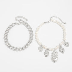 Cuban Chain and Sacred Heart Faux Pearl Anklet Set