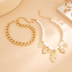 Cuban Chain and Sacred Heart Faux Pearl Anklet Set