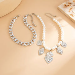 Cuban Chain and Sacred Heart Faux Pearl Anklet Set