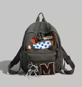 Cute Grey Patchwork Schoolbag with Dachshund Dog and Letter M Appliques