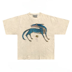 Distressed Graphic Tee with Abstract Wolf and Figure Print