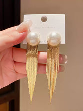 Elegant Pearl Stud Earrings with Flowing Tassel Drop