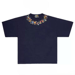 Elegant T-shirt with Embroidered Floral Neckline