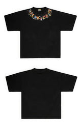 Elegant T-shirt with Embroidered Floral Neckline