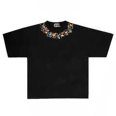 Elegant T-shirt with Embroidered Floral Neckline