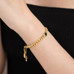 Gold Chunky Curb Chain Bracelet with Black Heart Detail