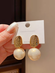 Gold Textured Top Faux Pearl Earrings