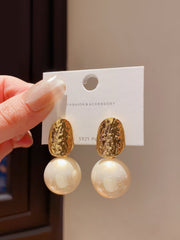 Gold Textured Top Faux Pearl Earrings