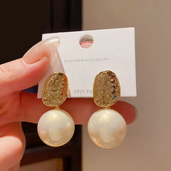 Gold Textured Top Faux Pearl Earrings