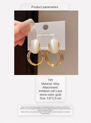 Gold Tone Drop Earrings with Iridescent White Stone on Double Hoops
