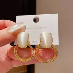 Gold Tone Drop Earrings with Iridescent White Stone on Double Hoops