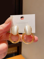Gold Tone Drop Earrings with Iridescent White Stone on Double Hoops