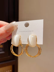 Gold Tone Drop Earrings with Iridescent White Stone on Double Hoops