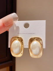 Gold and Pearl Square Stud Earrings