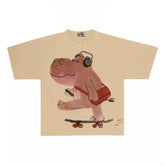 Hipster Hippo Graphic Tee with Skateboard and Headphones Print