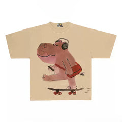 Hipster Hippo Graphic Tee with Skateboard and Headphones Print