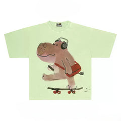 Hipster Hippo Graphic Tee with Skateboard and Headphones Print