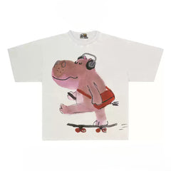 Hipster Hippo Graphic Tee with Skateboard and Headphones Print