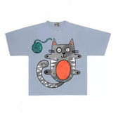 Humorous Graphic Tee with Playful Cat and Yarn