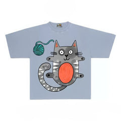 Humorous Graphic Tee with Playful Cat and Yarn