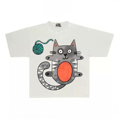 Humorous Graphic Tee with Playful Cat and Yarn