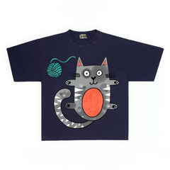 Humorous Graphic Tee with Playful Cat and Yarn