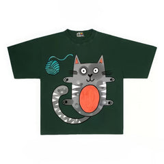 Humorous Graphic Tee with Playful Cat and Yarn