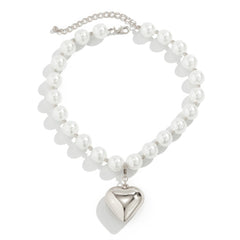 Large Faux Pearl and Puffy Heart Pendant Necklace