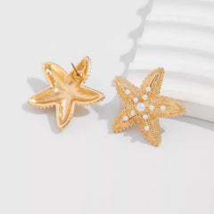 Large Textured Gold-Tone Starfish Stud Earrings with Faux Pearl Accents