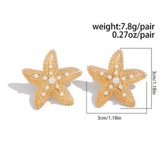 Large Textured Gold-Tone Starfish Stud Earrings with Faux Pearl Accents