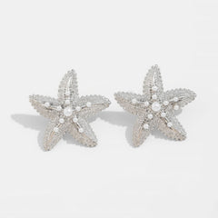 Large Textured Gold-Tone Starfish Stud Earrings with Faux Pearl Accents
