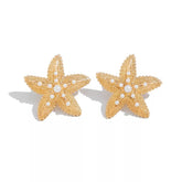 Large Textured Gold-Tone Starfish Stud Earrings with Faux Pearl Accents